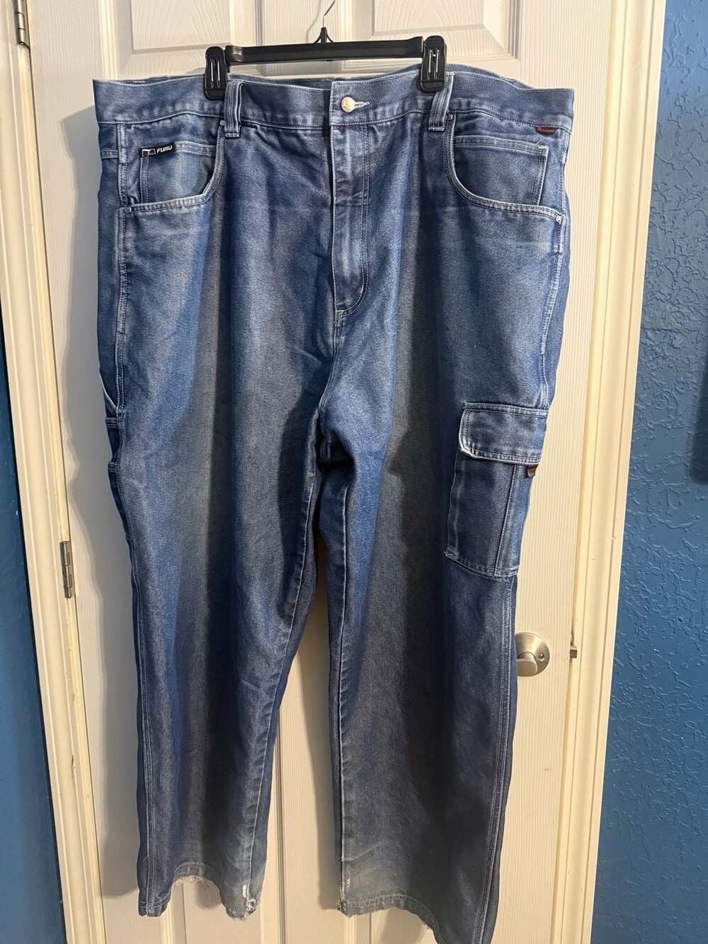 Y2K 90s FUBU The Collection Men's Blue Denim Cargo Jeans Size 60